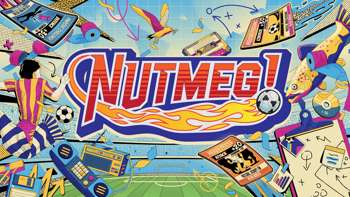 Key art for NUTMEG! showing a range of nostalgic imagery tied with football